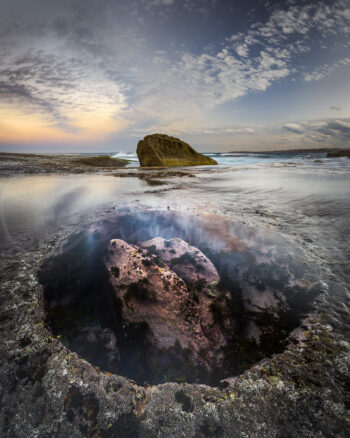 Rock pool reflecting a colourful sunset at Bondi Beach, Sydney, Australia, fine art coastal photography.