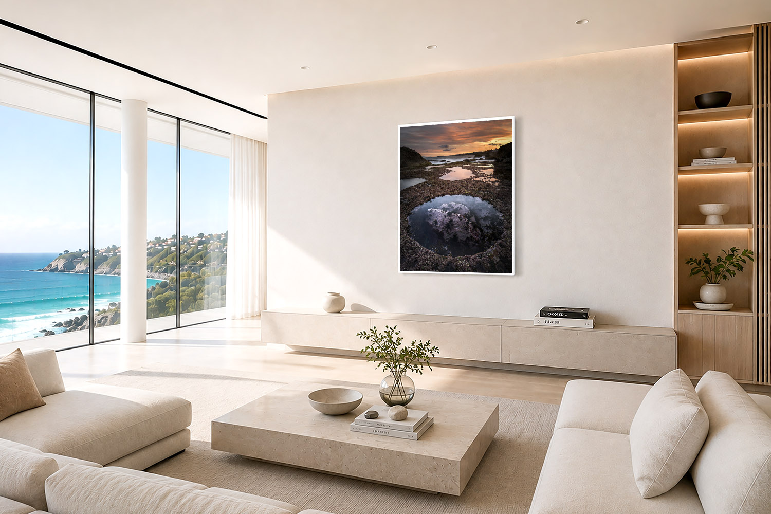 Bondi Beach sunset fine art print displayed as wall art in a modern coastal interior in Sydney, Australia.
