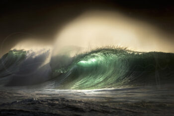 Emerald ocean wave glowing in sunrise light at Bronte Beach, Sydney, fine art ocean photography.