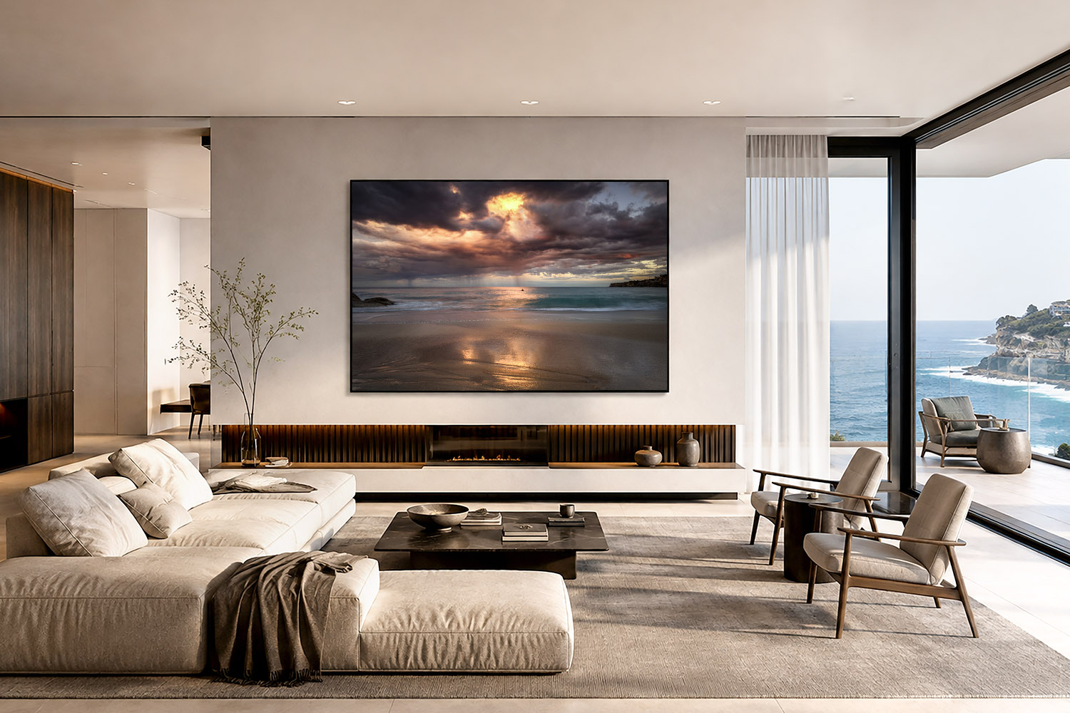 Tamarama Beach sunset photograph displayed as large-scale coastal wall art in a modern living room.
