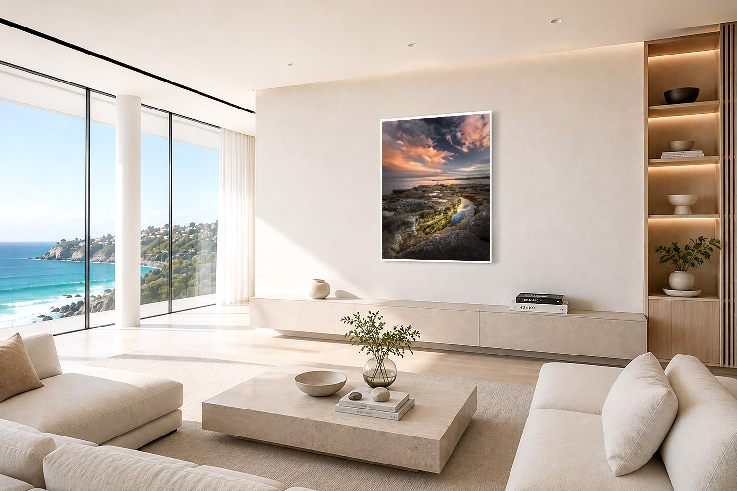 Bondi sunset fine art print with rock pools and a lone fisherman displayed as wall art in a modern coastal interior.