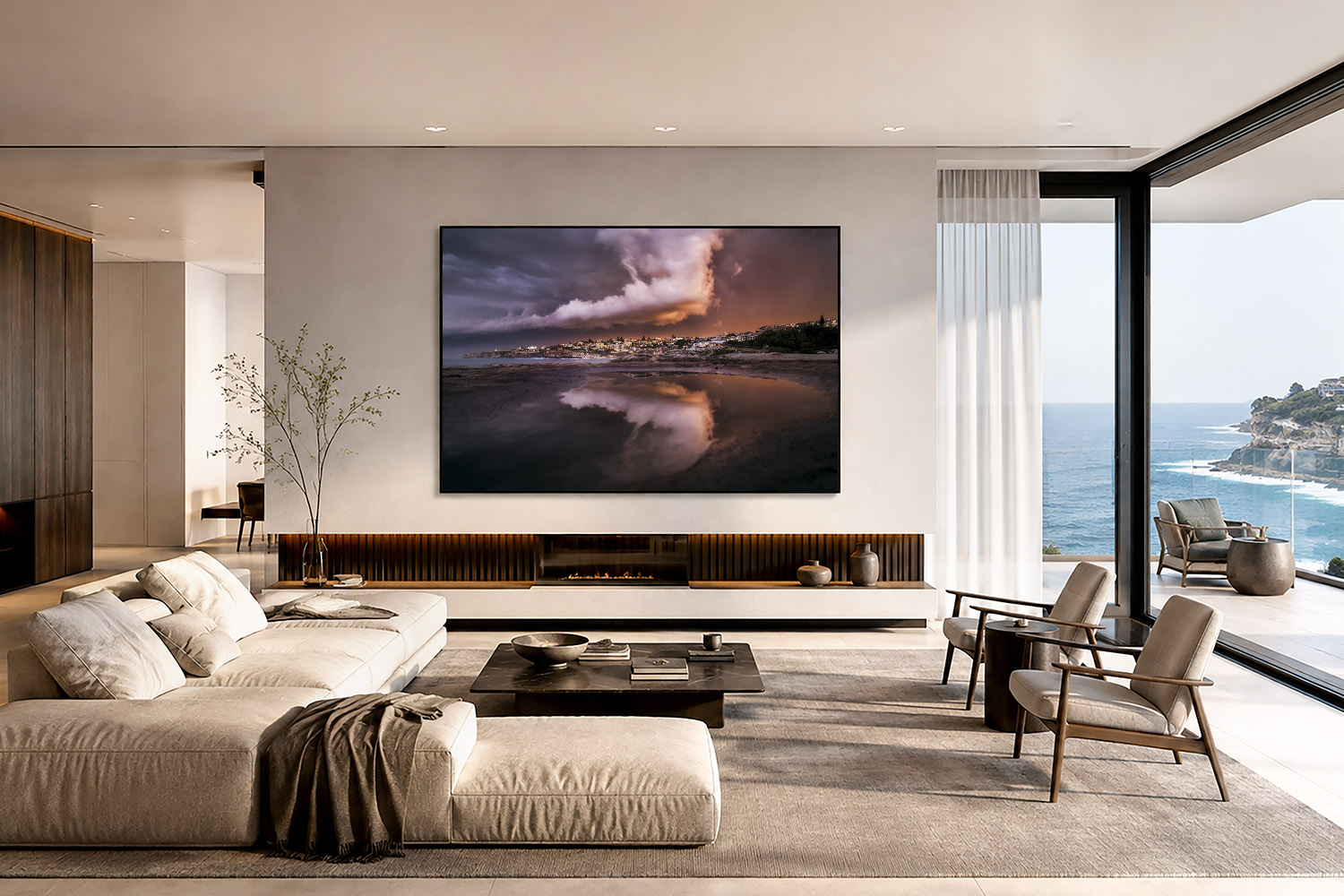 Tamarama Beach storm sunset photograph displayed as large-scale coastal wall art in a modern living room.