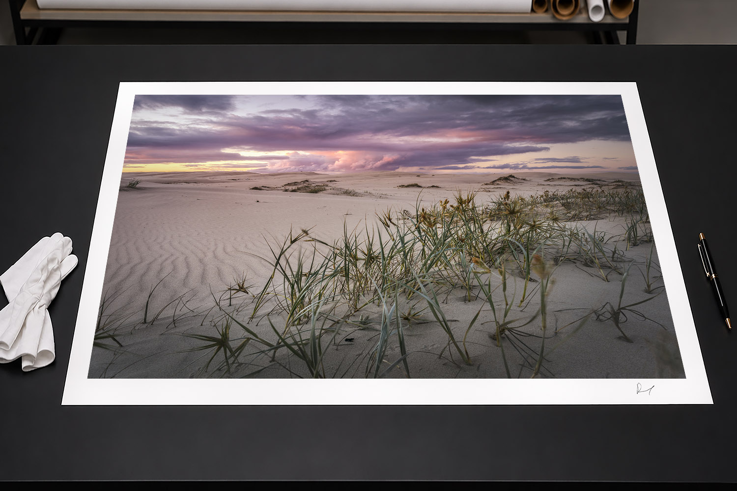 Fine art print of sand dunes and coastal grasses at sunset in Anna Bay, Port Stephens, Australia.