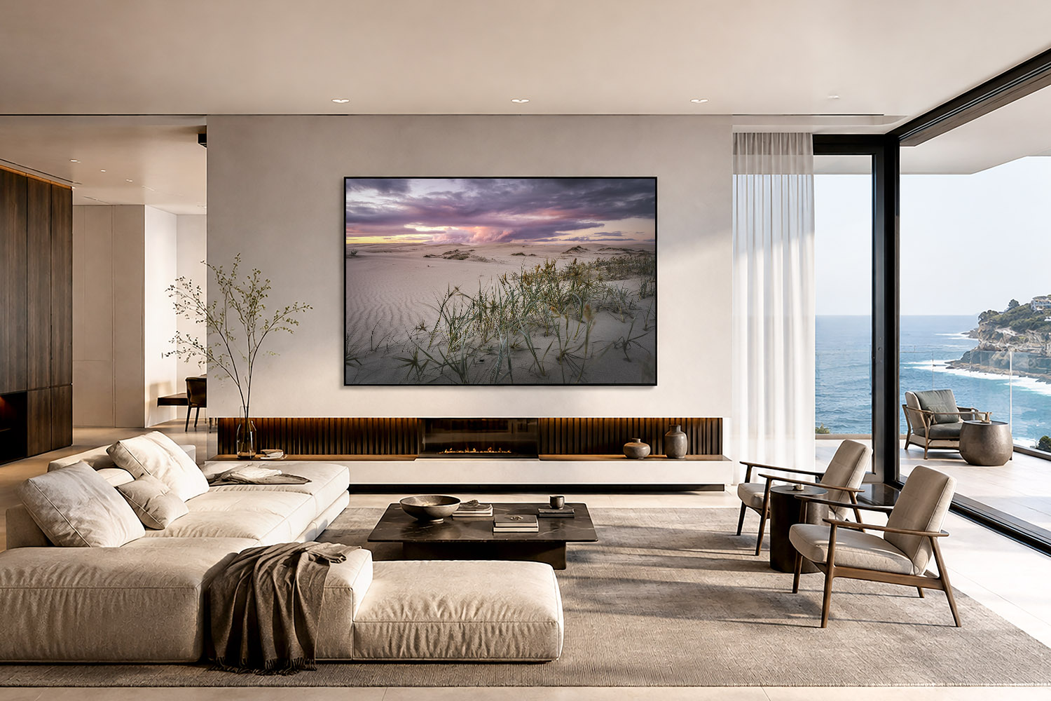 Anna Bay sand dune sunset photograph displayed as large-scale Australian landscape wall art in a modern living room.