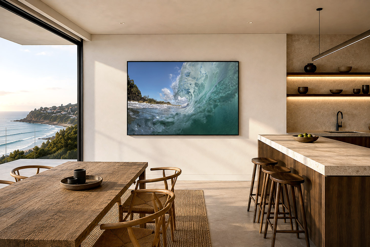 Snapper Rocks turquoise barrel wave photography displayed as coastal wall art in a contemporary Australian interior