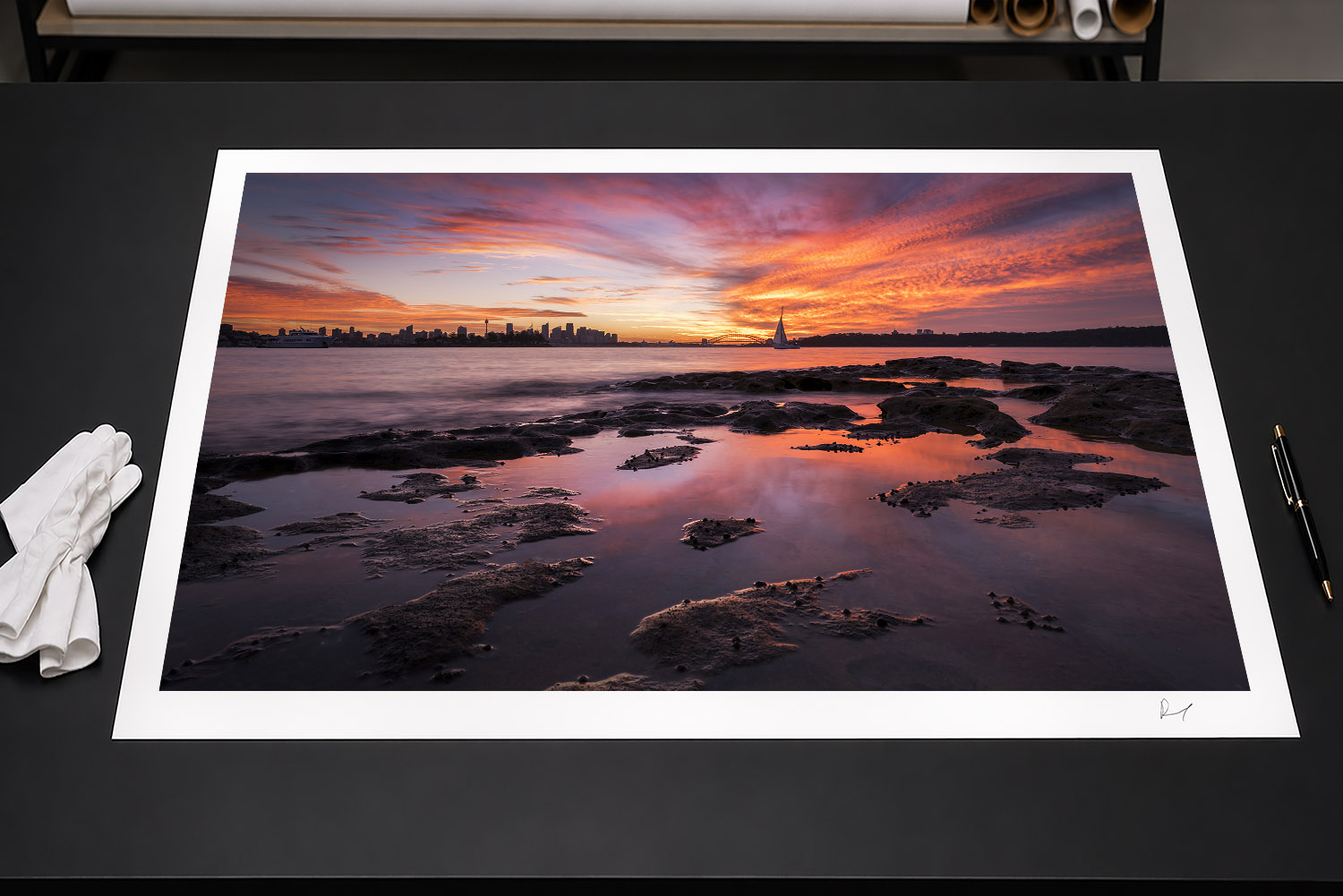 Fine art print of Sydney Harbour sunset from Milk Beach with Harbour Bridge, city skyline and sailboat.