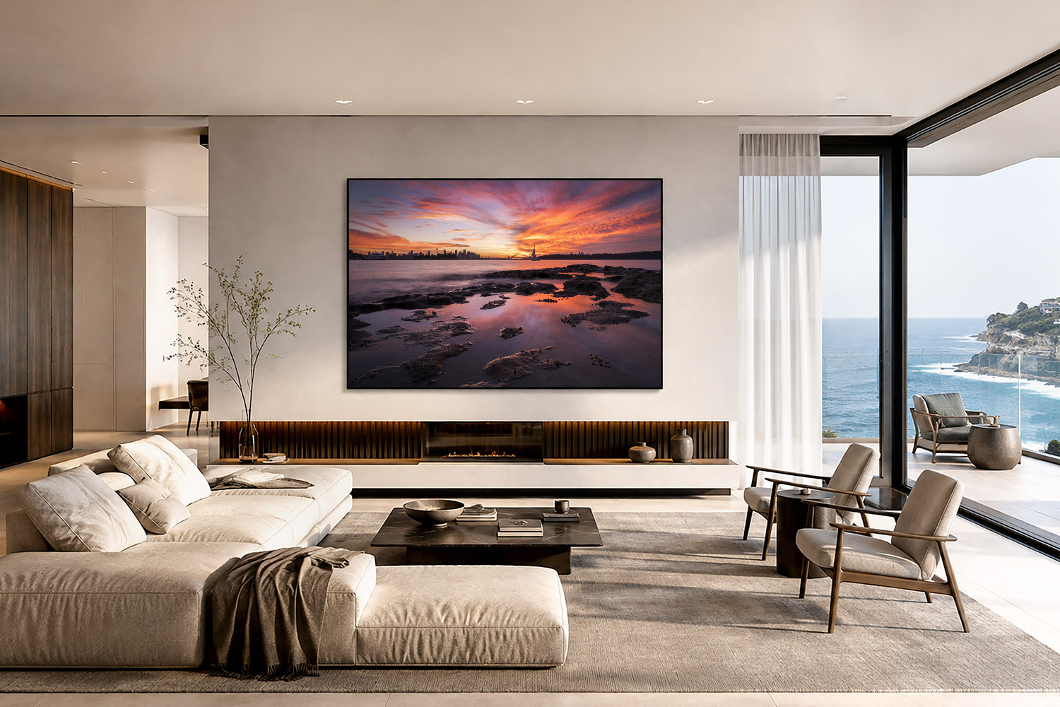 Sydney Harbour sunset from Milk Beach displayed as large-scale fine art wall art in a modern living room.