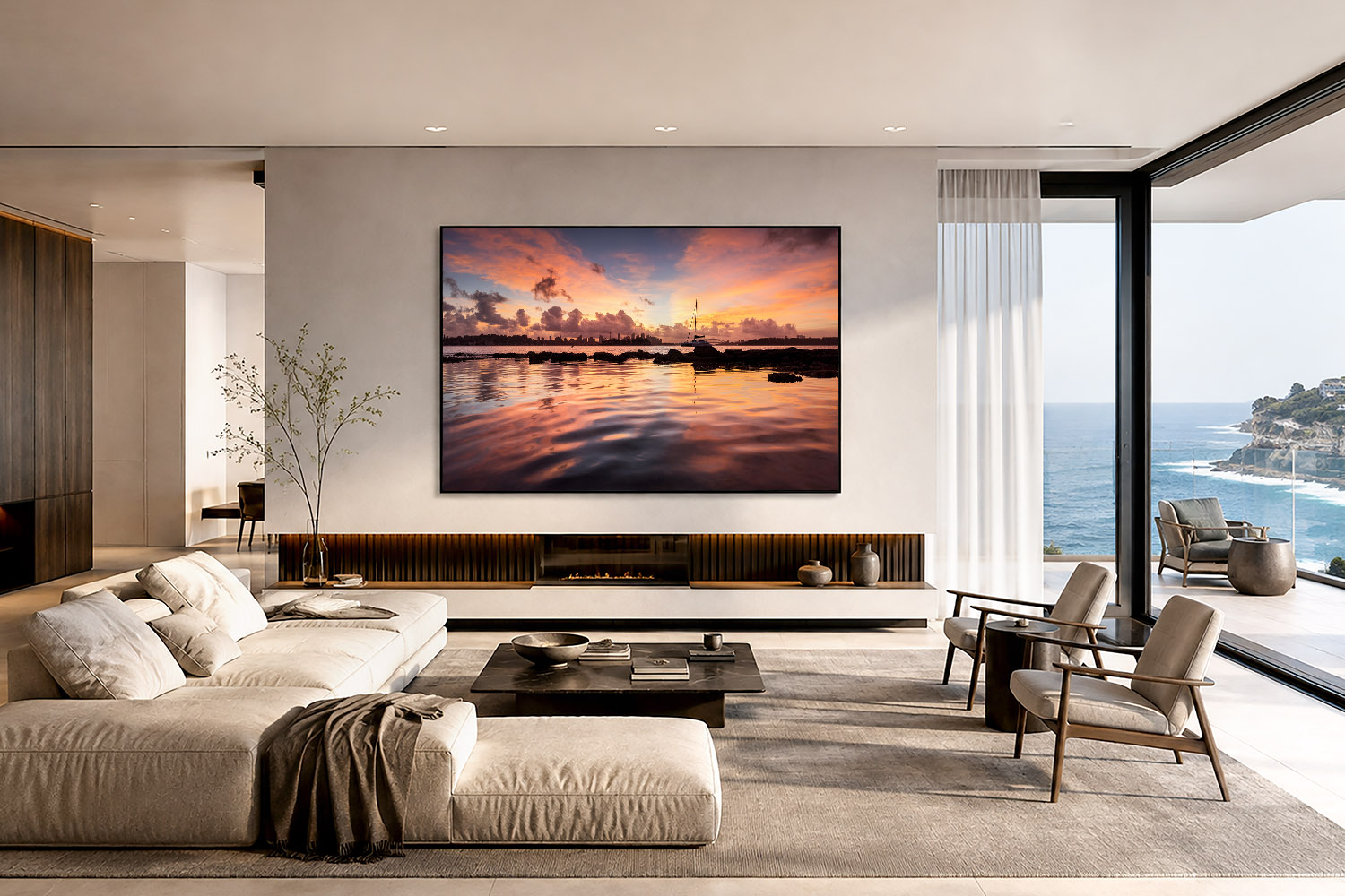 Sydney Harbour sunset photography displayed as colourful coastal wall art in a modern living room
