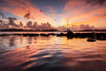 Vibrant sunset over Sydney Harbour from Milk Beach, with a sailboat, city skyline and glowing reflections on the water.