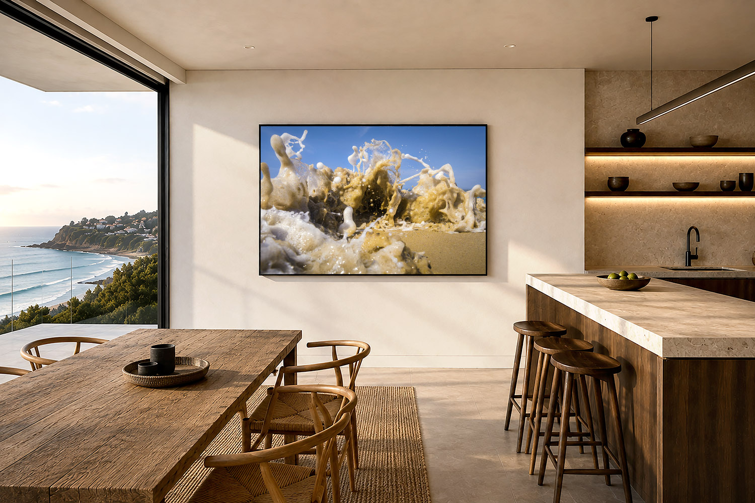Ocean wave and sea foam fine art photography displayed as framed coastal wall art in a modern interior