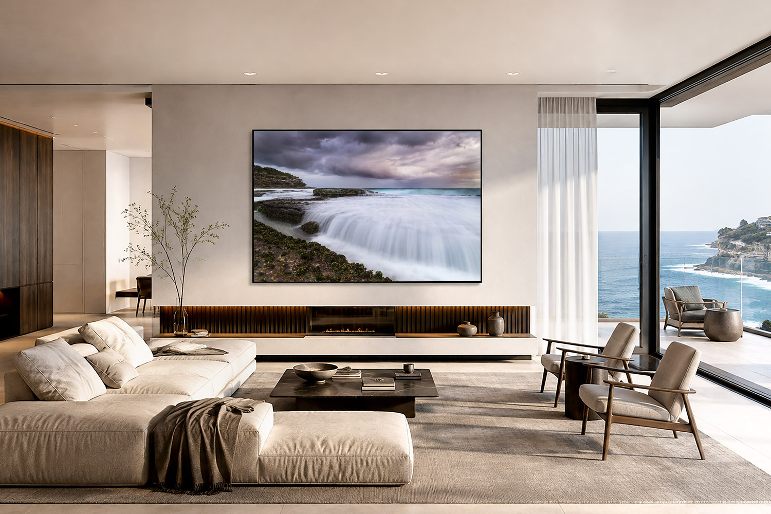 Tamarama Beach sunset fine art print displayed as coastal wall art in a modern interior.