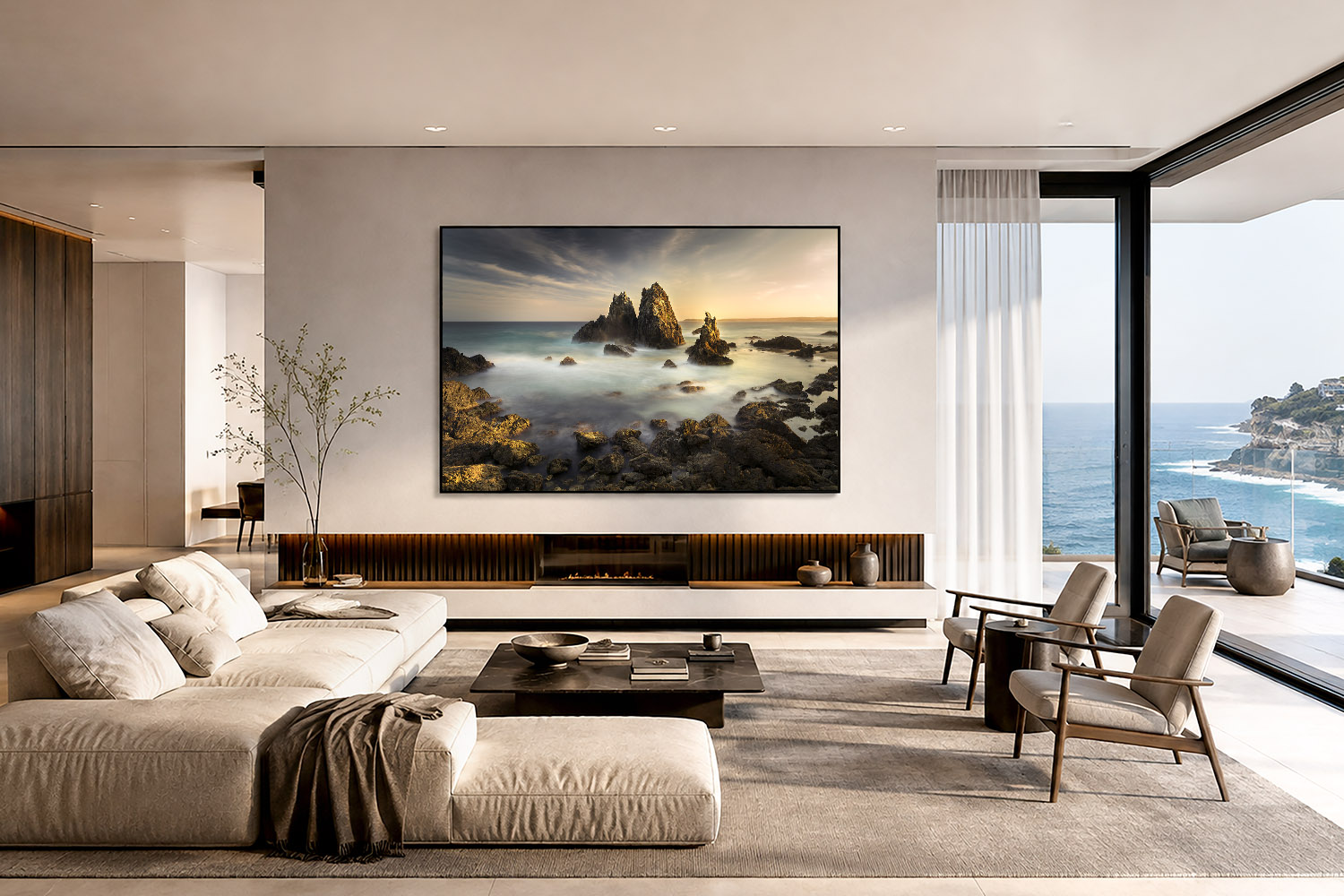 Camel Rock sunset photography displayed as Australian coastal wall art in a modern living room.