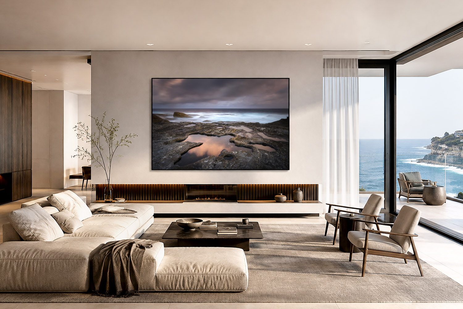 Bondi Beach sunset photograph displayed as large-scale coastal wall art in a modern living room.