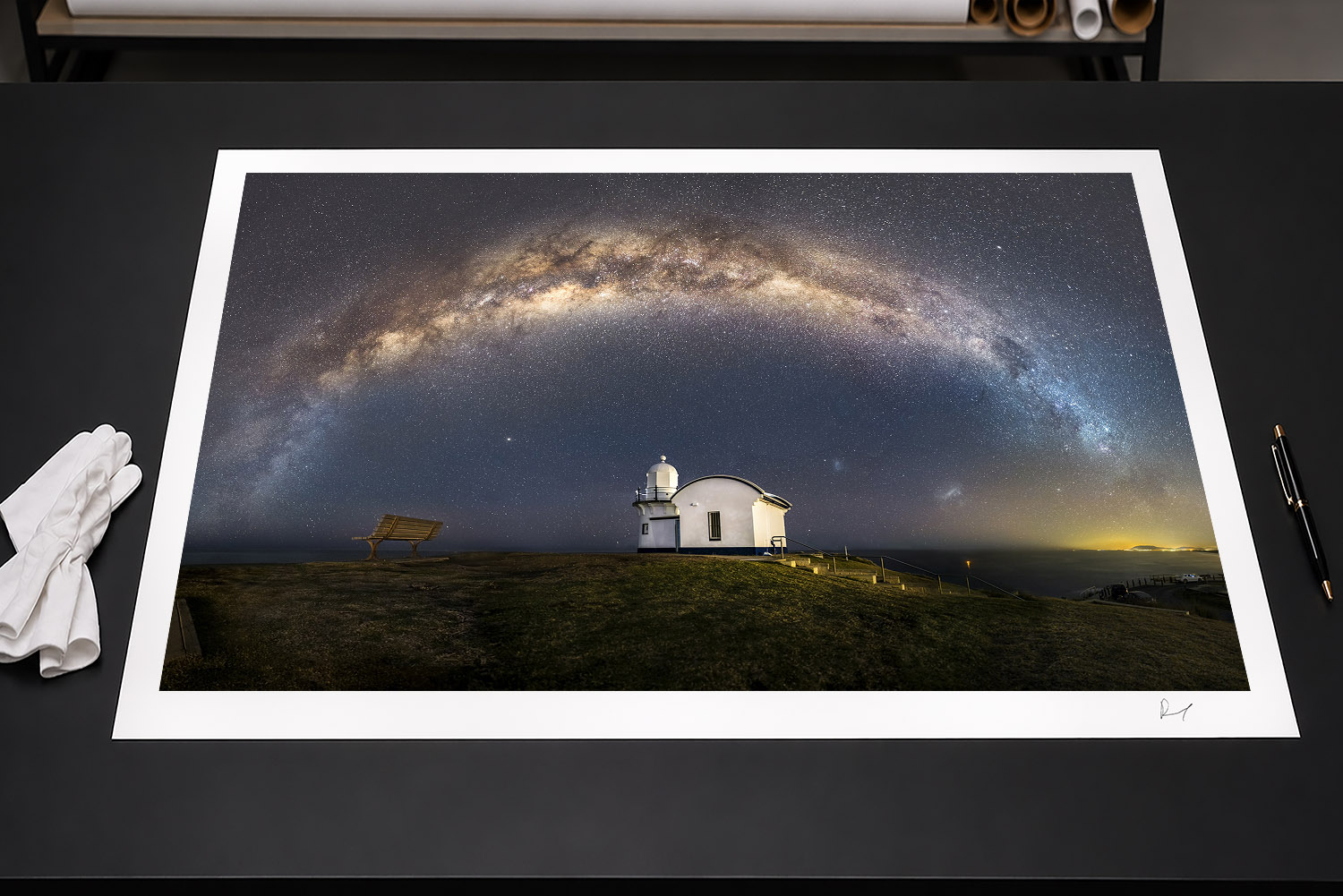 Fine art print of the Milky Way arching over Tacking Point Lighthouse at night, Port Macquarie, NSW, Australia.