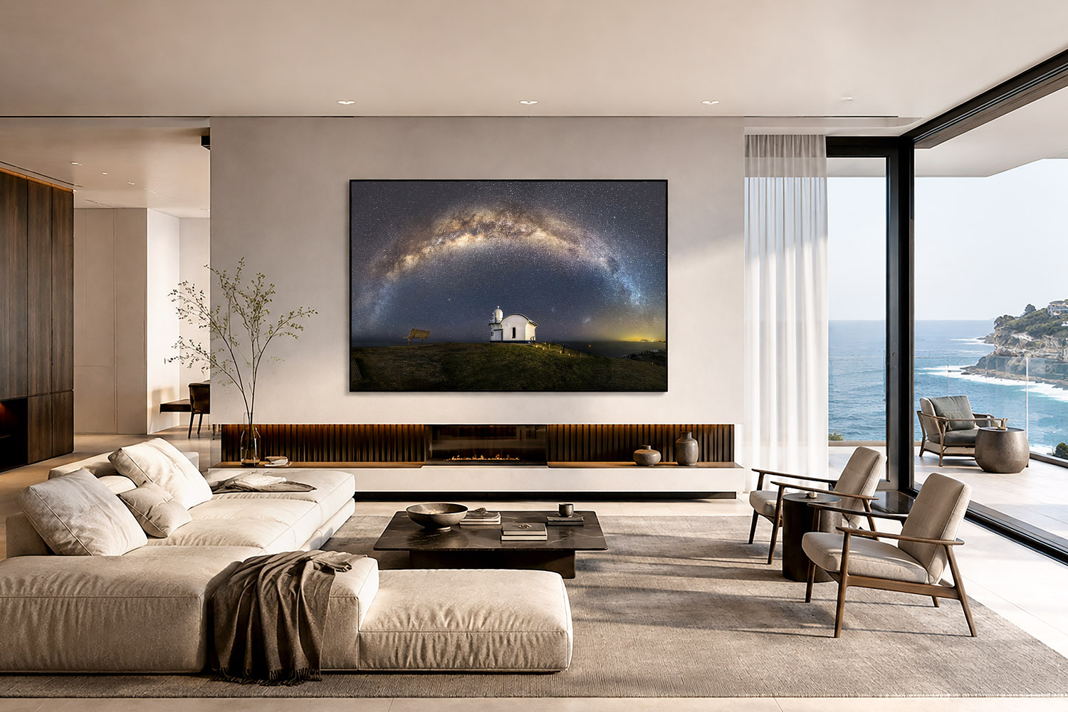 Tacking Point Lighthouse Milky Way photograph displayed as large-scale night sky wall art in a modern living room.