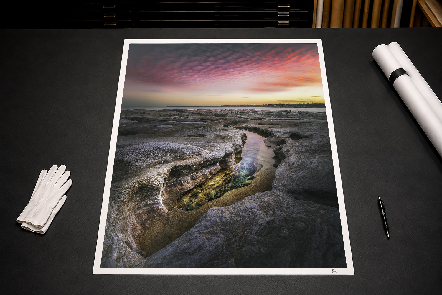 Fine art print featuring a rock platform and tidal pool at sunset, captured at Bondi Beach in Sydney, Australia.