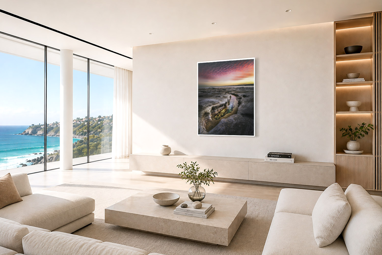 Bondi Beach sunset fine art print displayed as wall art in a modern coastal interior in Sydney, Australia.