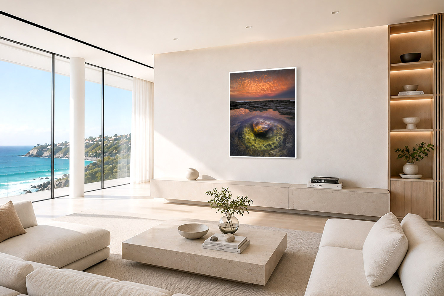 Tamarama Beach sunset fine art print with a reflective rock pool displayed as coastal wall art in a modern interior.