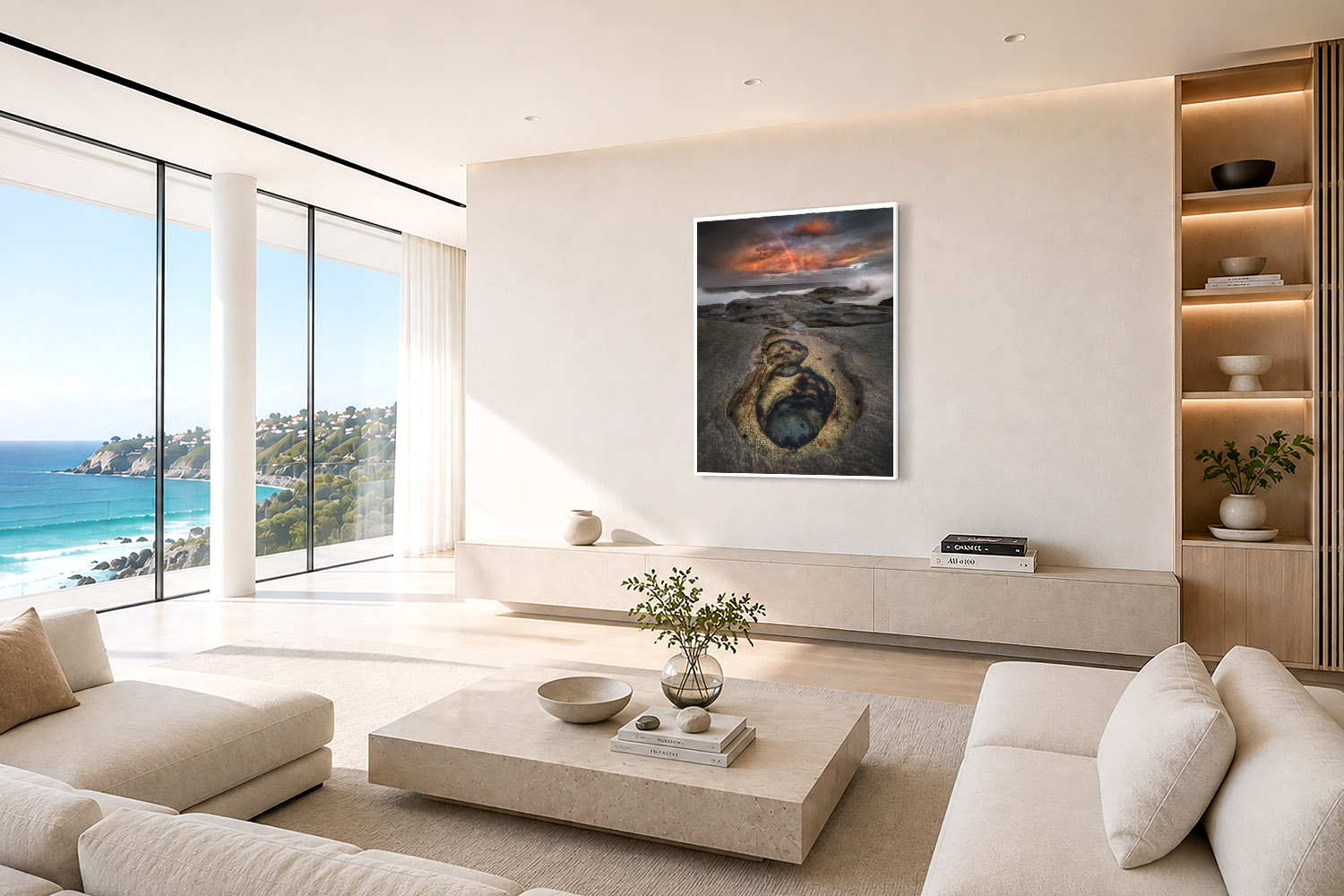 Bondi sunset fine art print with rock pools, crashing waves and a rainbow displayed as wall art in a modern coastal interior.
