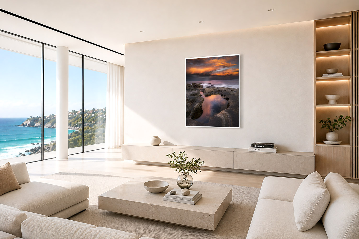 Bondi sunset fine art print with a reflective rock pool and dramatic orange clouds displayed as wall art in a modern interior.