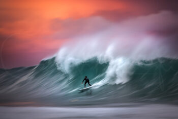 Surfer riding a powerful wave at Bronte Beach sunset, with flowing motion blur and vivid red-orange sky creating a painterly scene.
