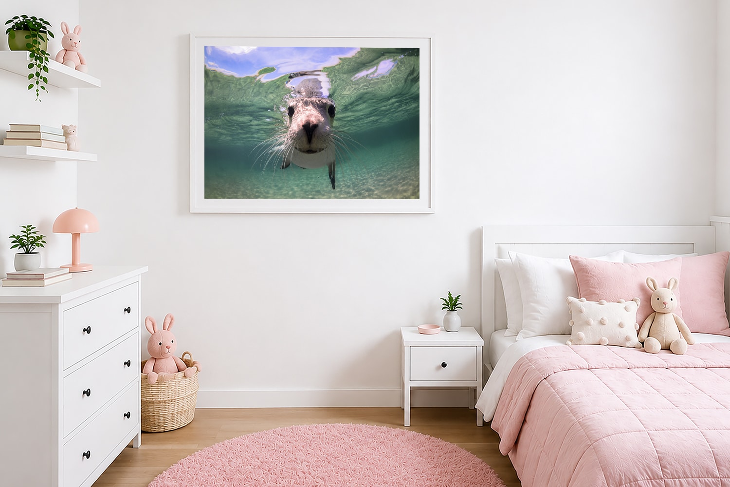 Australian sea lion at Baird Bay, South Australia, displayed as underwater ocean wall art in a coastal interior