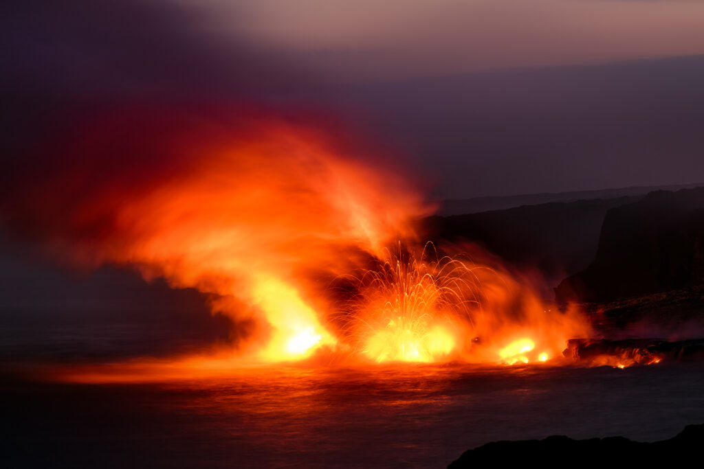 Lava from Kalapana flow hits the sea in fiery twilight blast – Fine Art Ocean Photography Print, "Eruption"