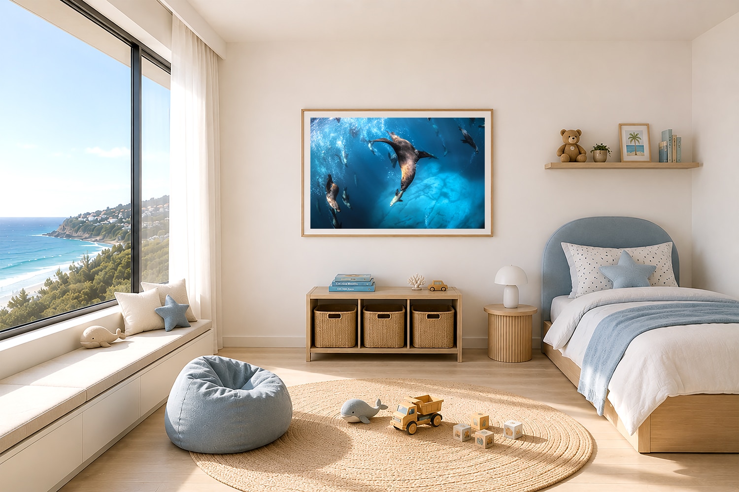 Australian fur seals at Montague Island displayed as underwater ocean wall art in a coastal interior