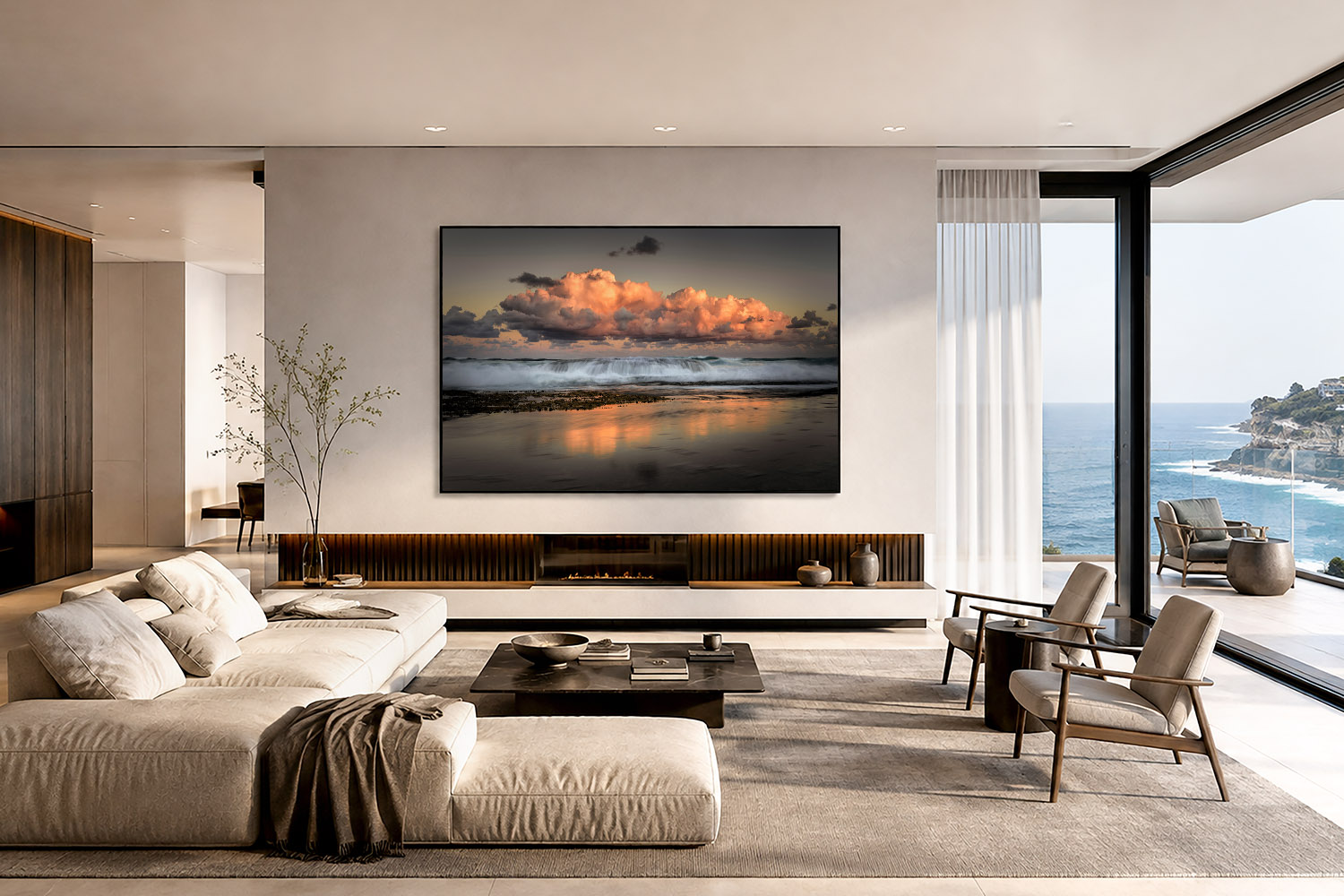 Tamarama Beach sunset photograph displayed as large-scale coastal wall art in a modern living room.