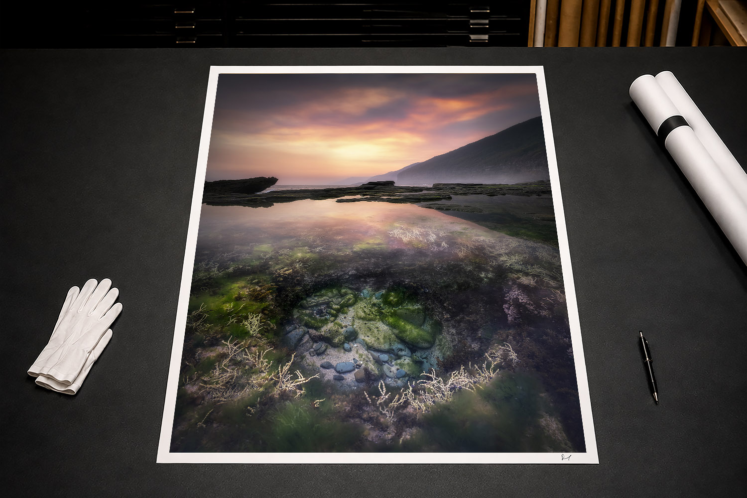 Fine art print of Figure Eight Pools at sunset, featuring colourful marine life and reflections in Royal National Park.