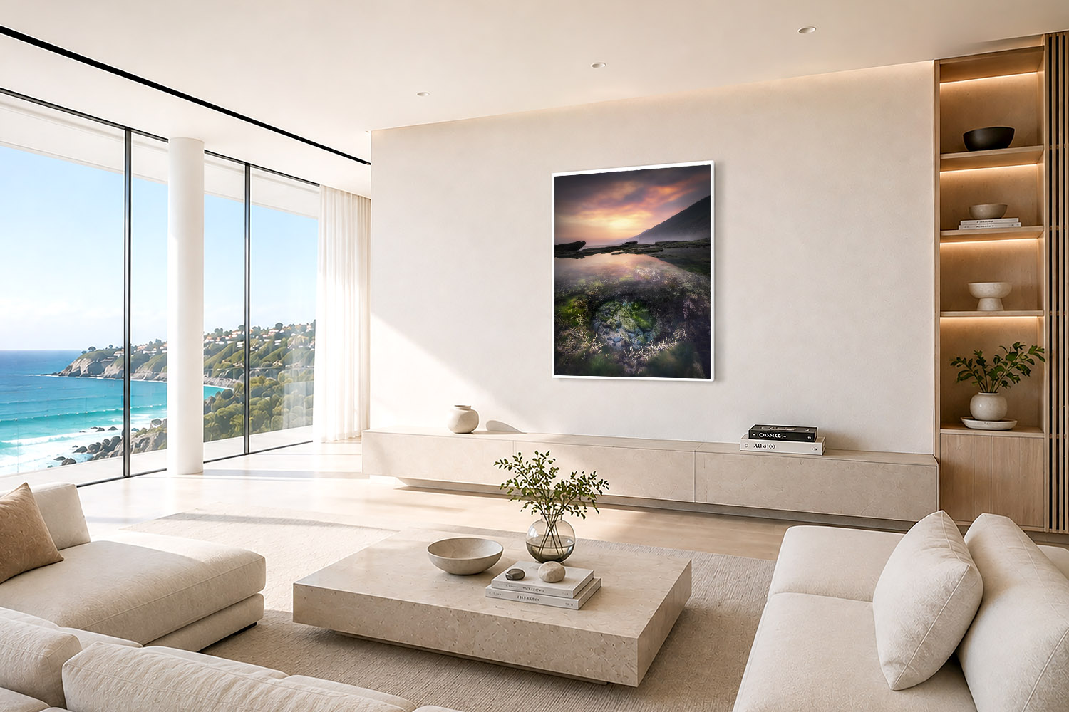 Figure Eight Pools sunset fine art print displayed as Australian coastal wall art in a modern interior.