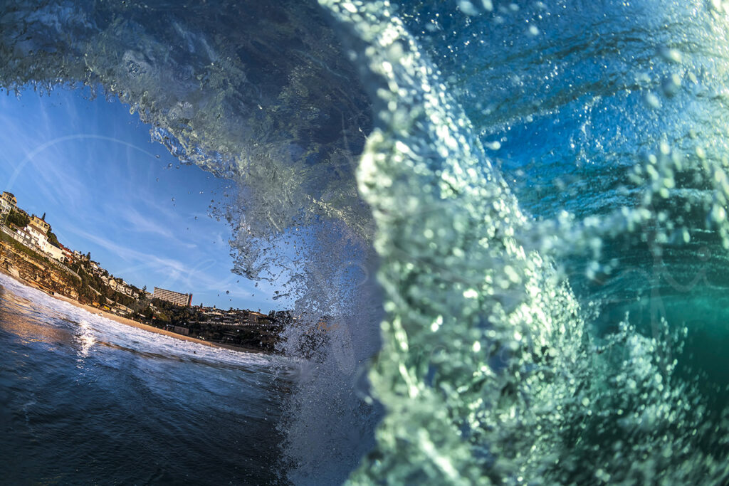 Breaking turquoise wave viewed from inside the barrel at Tamarama Beach, Sydney, Australia, ocean fine art photography