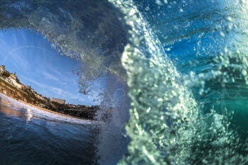Breaking turquoise wave viewed from inside the barrel at Tamarama Beach, Sydney, Australia, ocean fine art photography