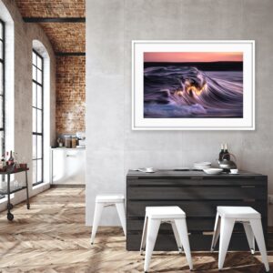 Pink-hued wave captured at sunset in Sydney, shaped by wind and flowing motion - Fine Art Ocean Photography Print, "Ponente"