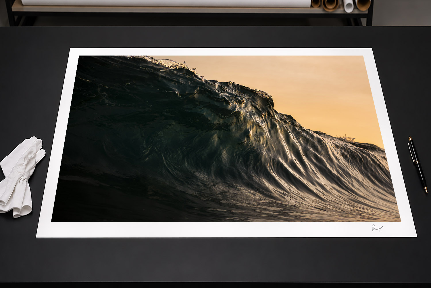 Fine art photographic print of a dark ocean wave glowing in golden sunset light at Bondi Beach, Sydney