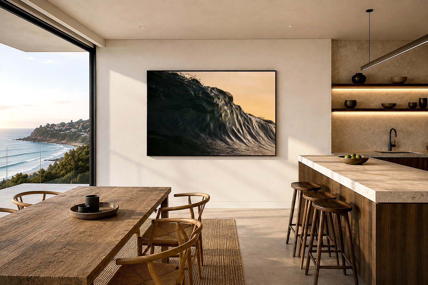 Bondi Beach sunset wave photography displayed as coastal wall art in a contemporary Australian interior