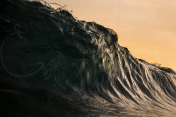Dark ocean wave glowing in golden sunset light at Bondi Beach, Sydney, Australia, fine art ocean photography