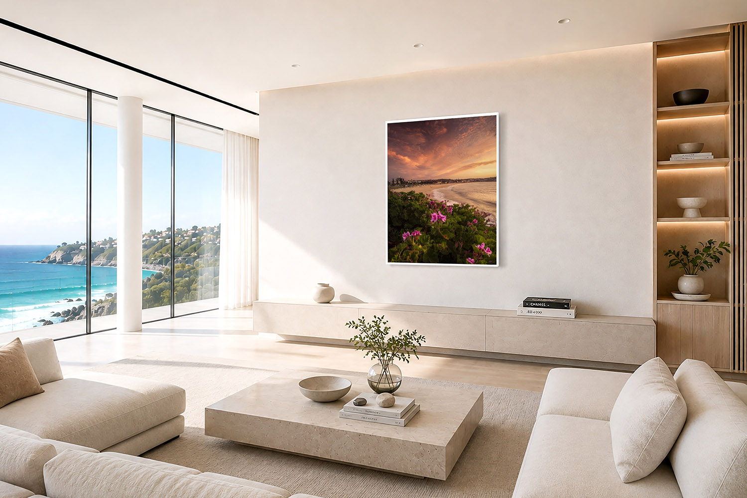 Bondi Beach sunset with pink coastal flowers displayed as framed wall art in a modern coastal interior.