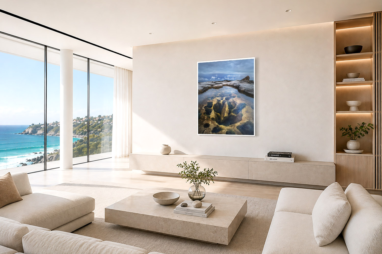 Sydney rock pool fine art print displayed as Australian coastal wall art in a modern interior.