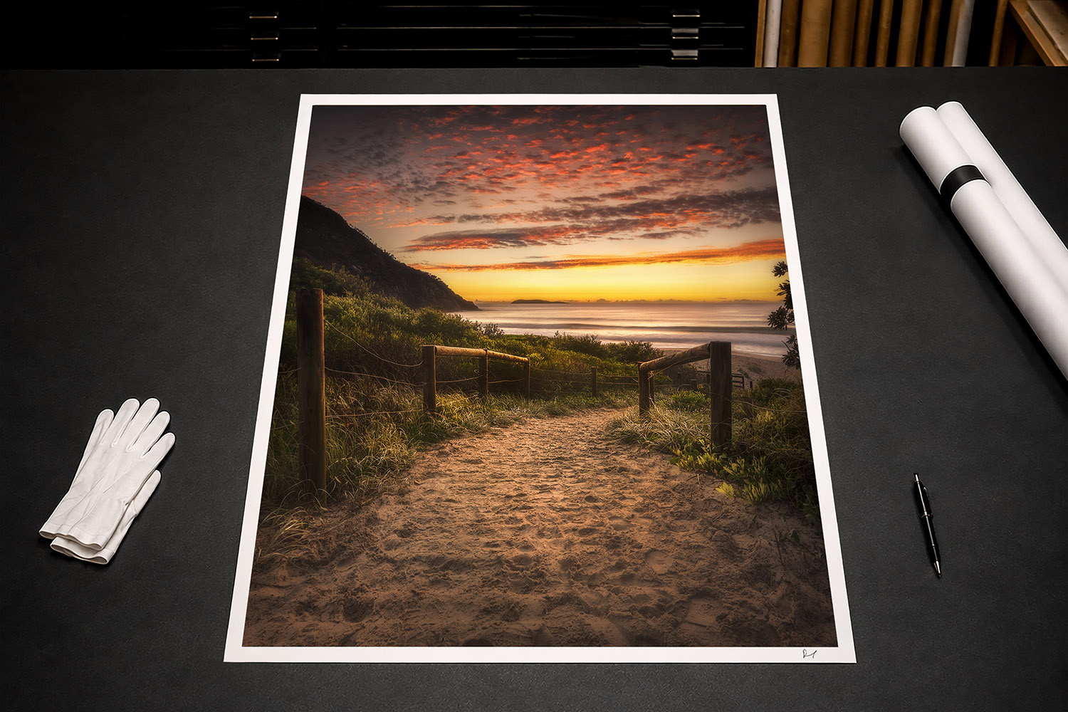 Fine art print of a sunrise over Zenith Beach, Port Stephens, with a sandy path leading towards the ocean.