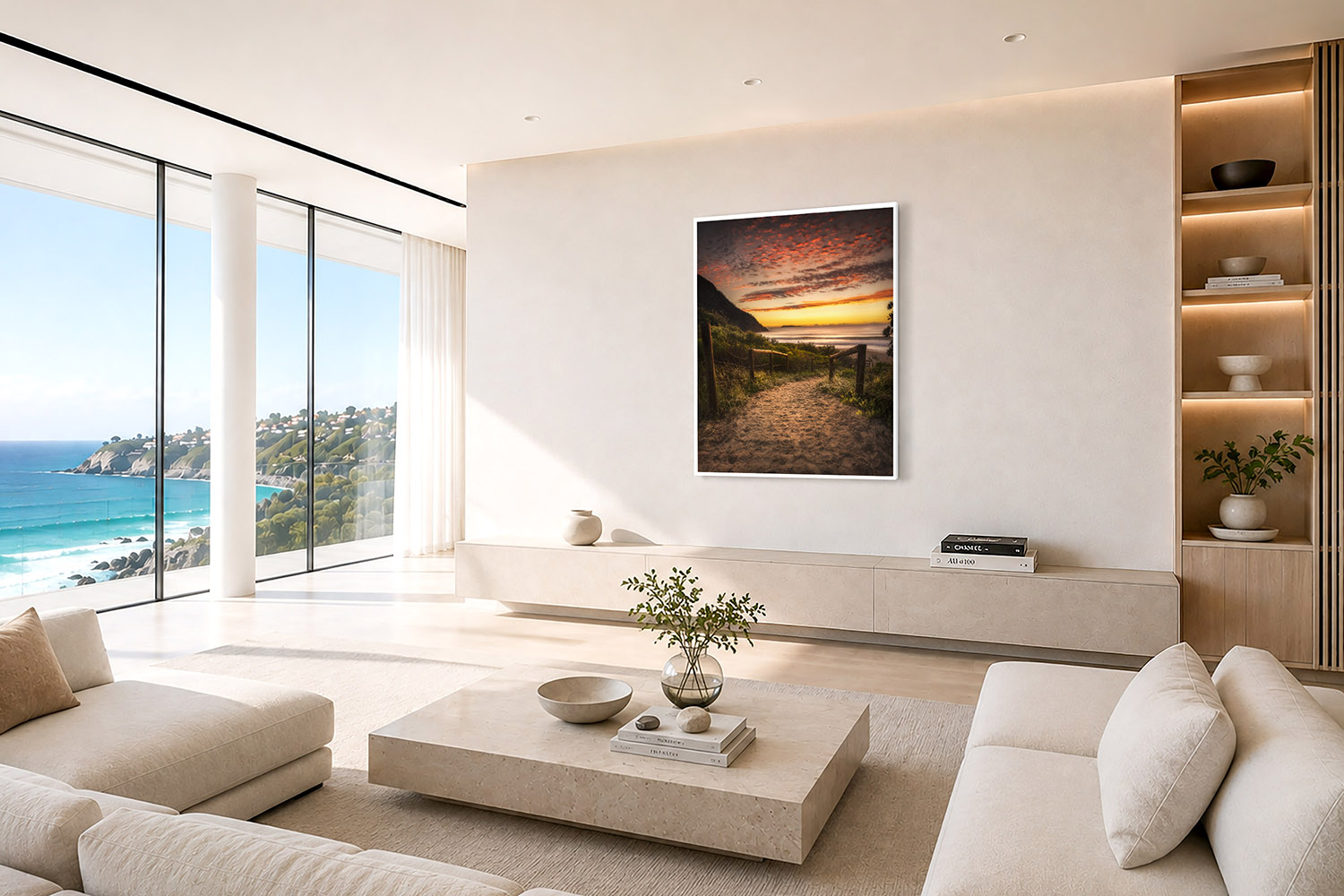 Framed Zenith Beach sunrise photography displayed as coastal wall art in a modern living room.