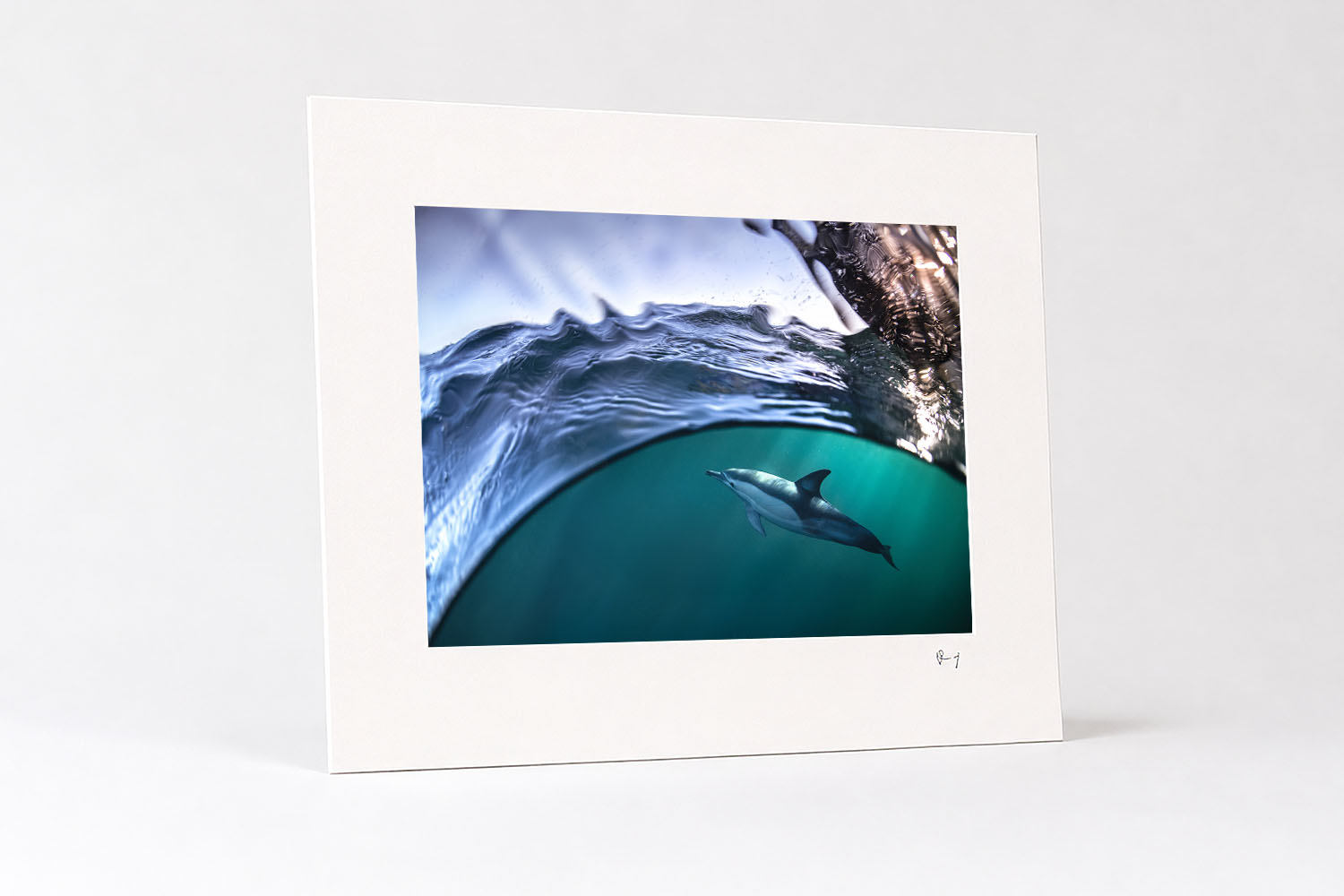 Mounted fine art print of a common dolphin swimming beneath the rippling ocean surface in deep turquoise water.
