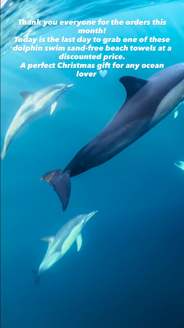 Thank you everyone for the orders this month!
Today is the last day to grab one of these dolphin swim sand-free beach towels at a discounted price.
A perfect Christmas gift for any ocean lover 🩵

#dolphin #ocean #adventure #happylife #sunshine #Australia #seeaustralia #feelnsw  #exploreaustralia #nsw #underwater #sea #wildlife #discoverearth #beachtowel #bestgift
