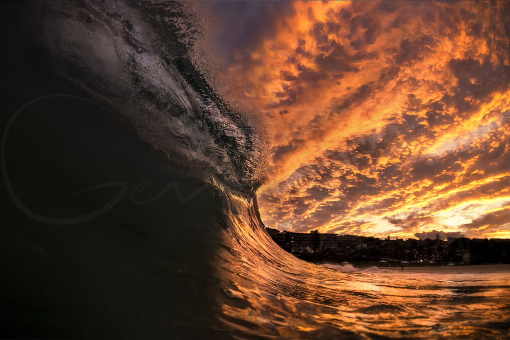 Gold Fever – Fiery sunset surf session at Bronte Beach in Sydney, featuring glowing waves and golden storm light
