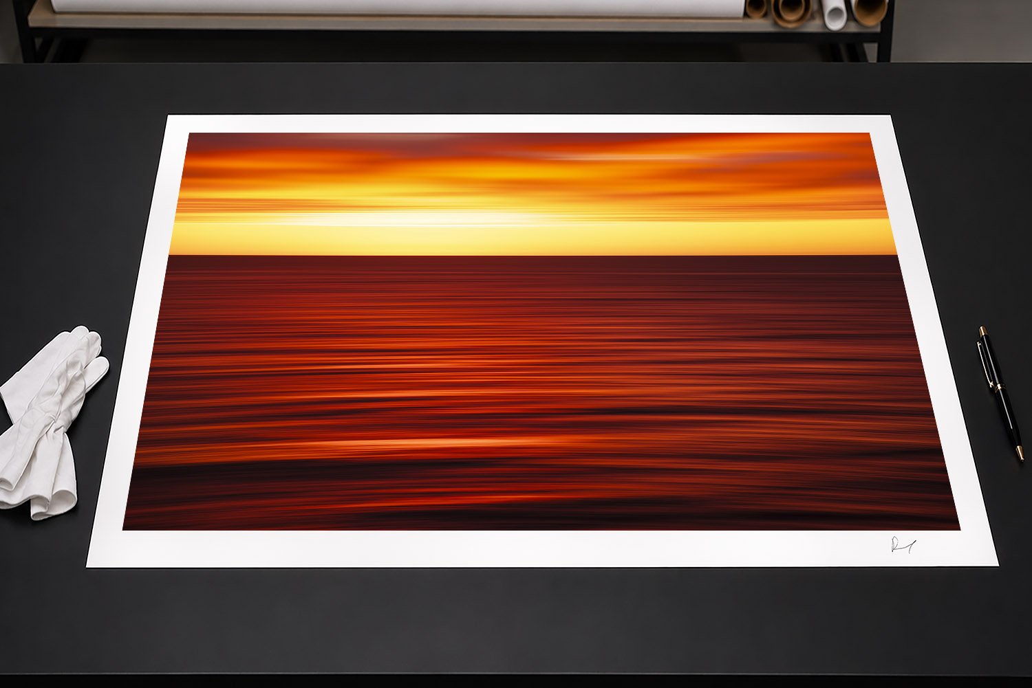 Fine art print of an abstract Bondi Beach sunrise, with vivid red and orange motion blur across the ocean and sky.