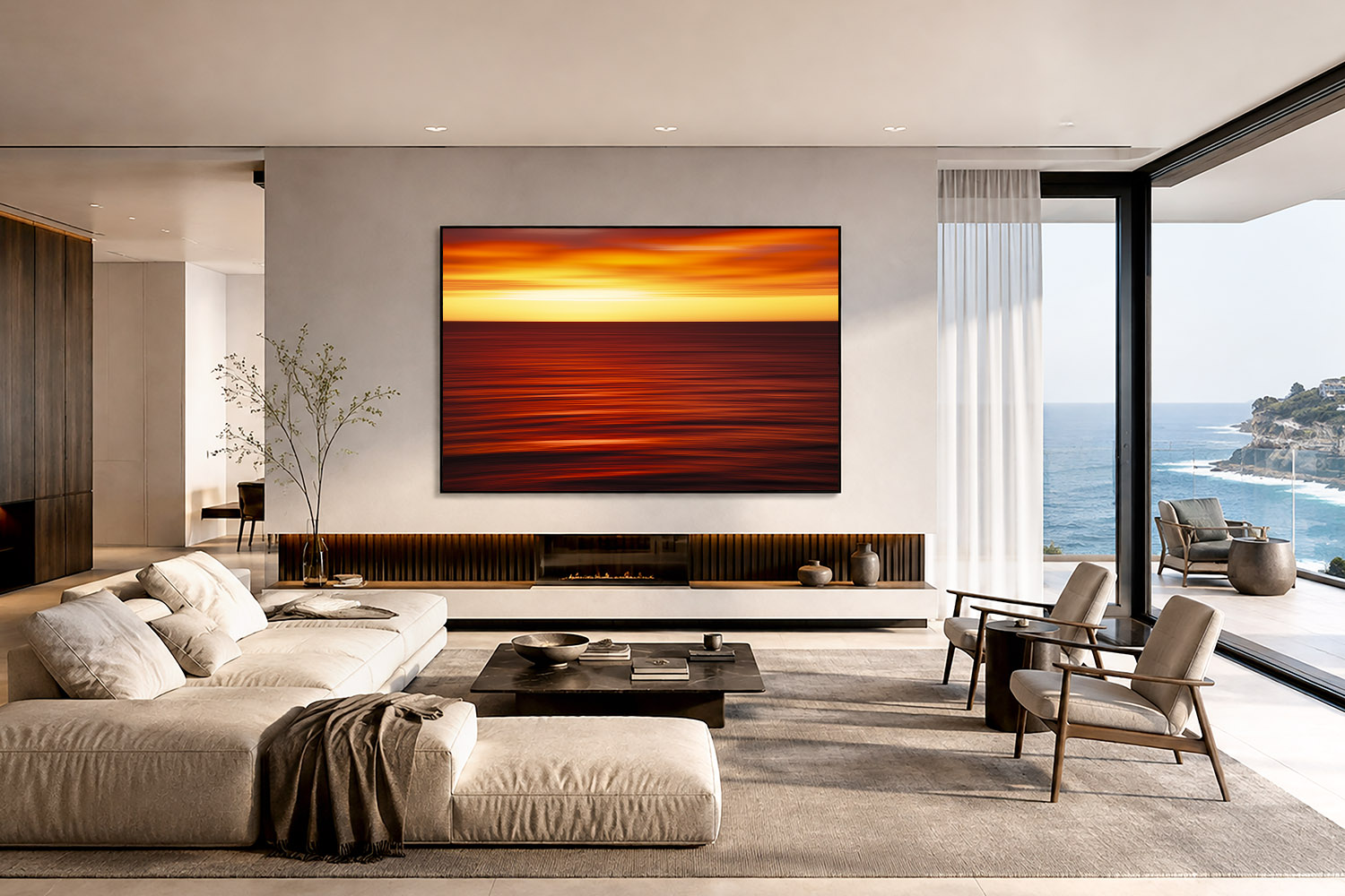 Abstract Bondi Beach sunrise fine art print displayed as vibrant coastal wall art in a modern interior.
