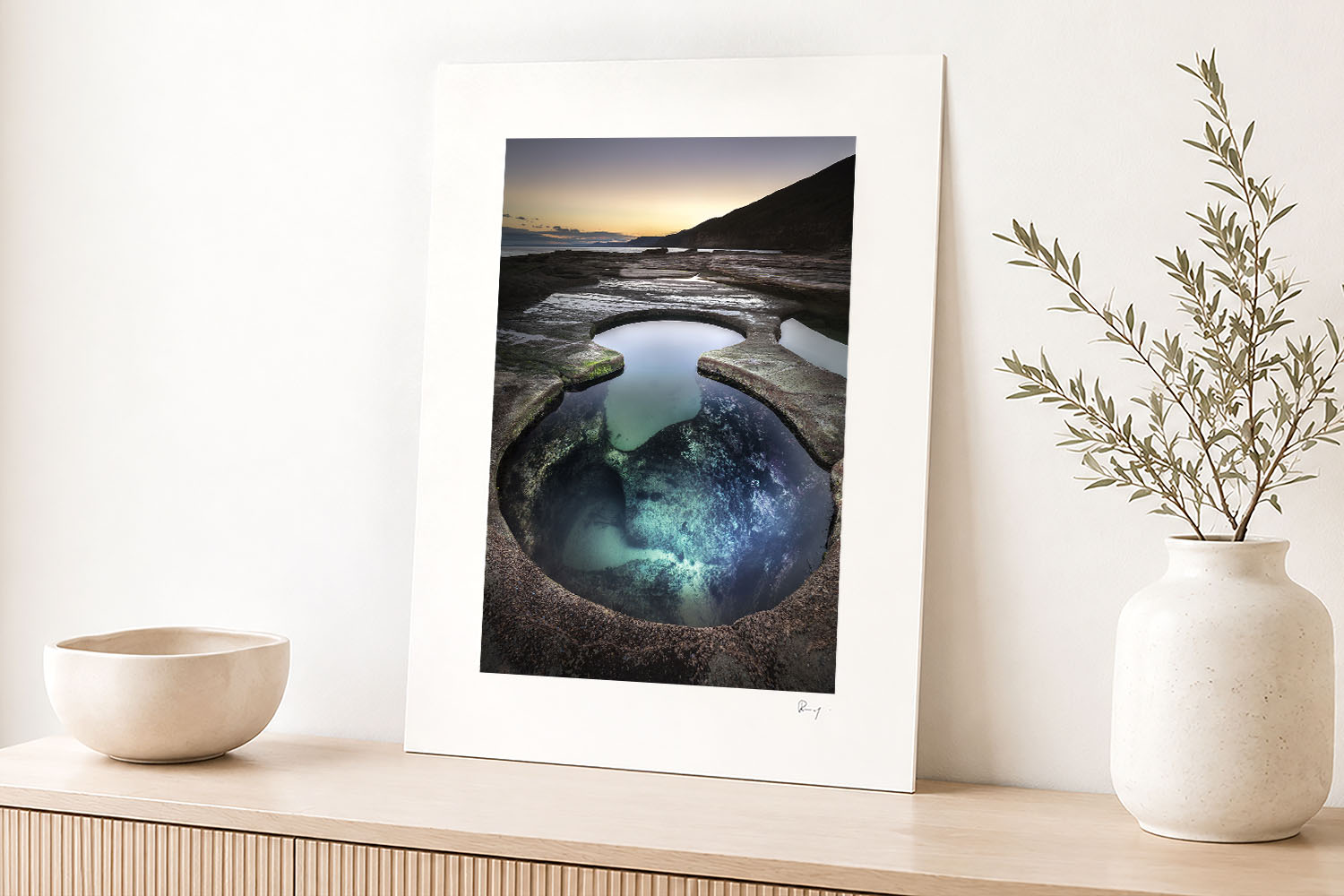 Mounted fine art photograph of Figure Eight Pools at sunset, with turquoise rock pools, rugged coastline and soft evening light.