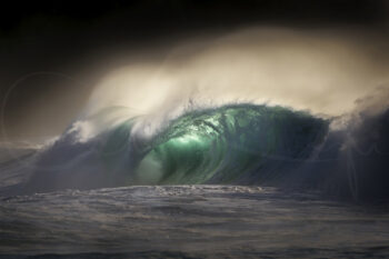 Powerful emerald wave glowing in golden sunrise light at Bronte Beach, Sydney, limited edition fine art ocean photography print.