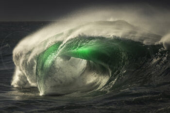 Powerful emerald barrel wave glowing at sunrise on the South Coast of NSW, limited edition fine art ocean photography print.