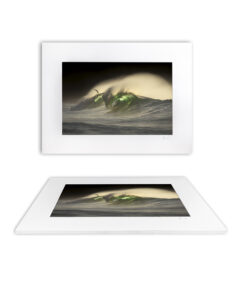 Fine art print of a powerful green wave glowing at sunrise, shaped by offshore winds with a seabird above, photographed in Sydney, Australia